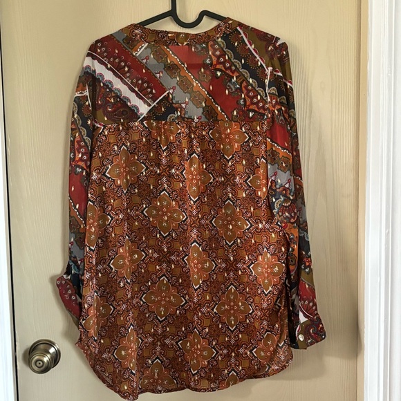 Fig & Flower for Anthropologie, fall button up tunic w/multi print, gold accents - Picture 6 of 6
